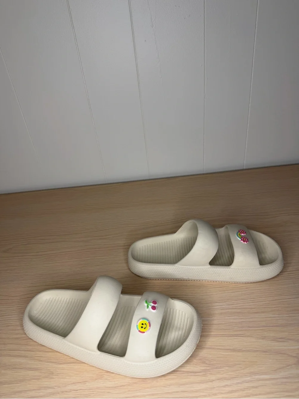 Girls Cream Kids Slide Sandals with Rainbow and Cherry Charms